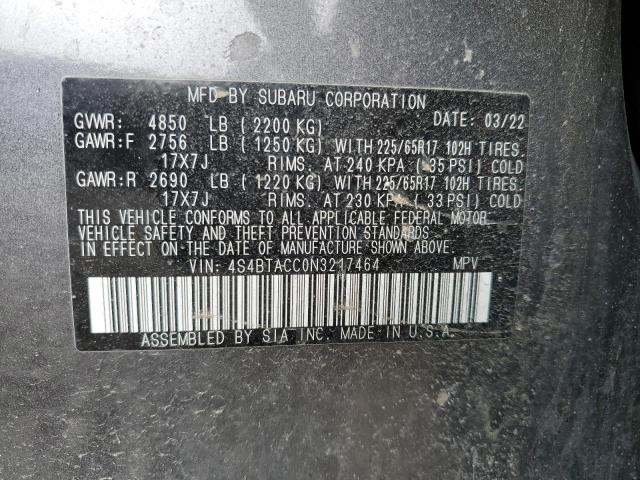 4S4BTACC0N3217464 - 2022 SUBARU OUTBACK PREMIUM GRAY photo 12