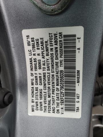 19XFC2F79GE059339 - 2016 HONDA CIVIC EX SILVER photo 12