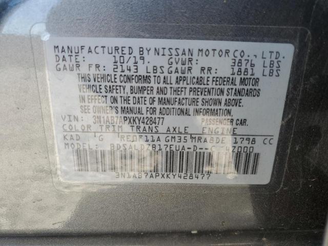 3N1AB7APXKY428477 - 2019 NISSAN SENTRA S SILVER photo 12