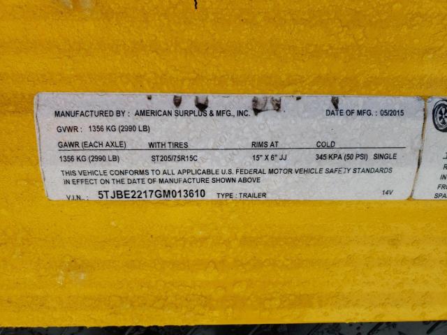 5TJBE2217GM013610 - 2016 AMERICAN MOTORS TRAILER WHITE photo 10