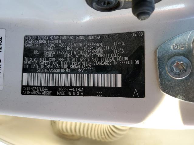 5TDBY67A58S018490 - 2008 TOYOTA SEQUOIA PLATINUM WHITE photo 13