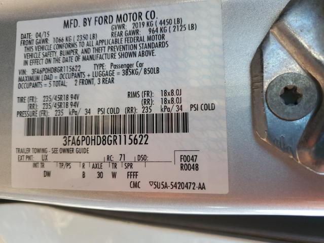 3FA6P0HD8GR115622 - 2016 FORD FUSION SE SILVER photo 12