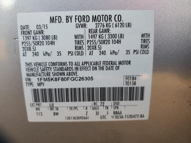 1FM5K8F80FGC26305 - 2015 FORD EXPLORER LIMITED SILVER photo 13