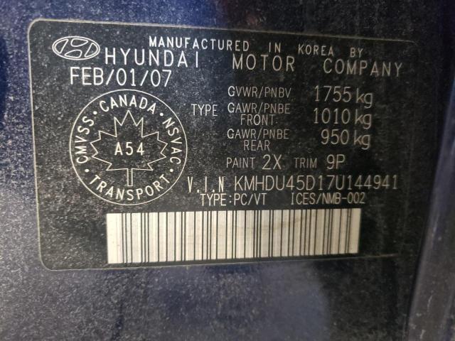 KMHDU45D17U144941 - 2007 HYUNDAI ELANTRA GL BLUE photo 12