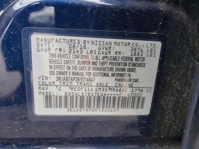 3N1AB7AP2KY214647 - 2019 NISSAN SENTRA S BLUE photo 13