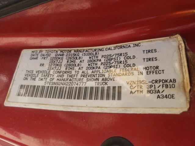 5TESN92NX2Z074777 - 2002 TOYOTA TACOMA XTRACAB PRERUNNER RED photo 12