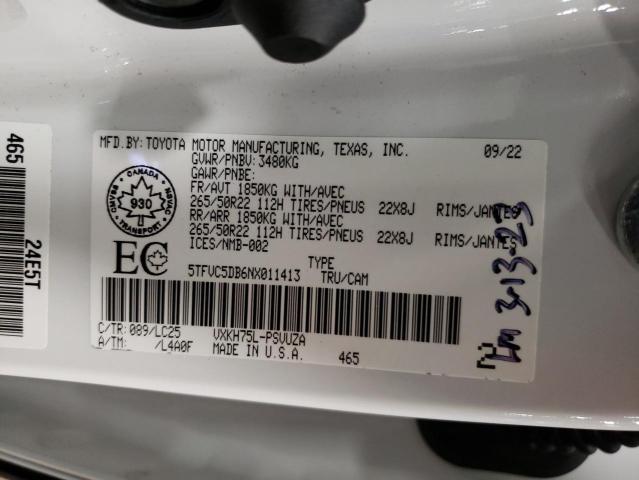 5TFVC5DB6NX011413 - 2022 TOYOTA TUNDRA CREWMAX CAPSTONE WHITE photo 12