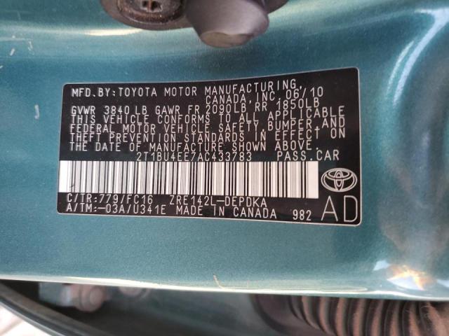 2T1BU4EE7AC433783 - 2010 TOYOTA COROLLA BASE TEAL photo 12