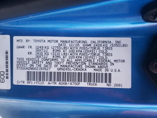 5TEUU42N66Z193527 - 2006 TOYOTA TACOMA ACCESS CAB ლურჯი ფოტო 12