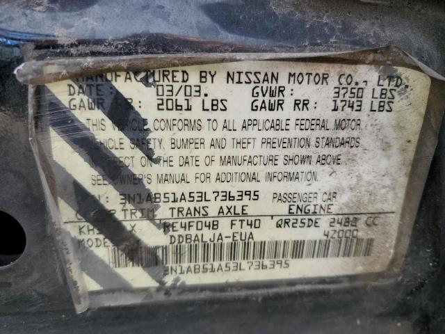 3N1AB51A53L736395 - 2003 NISSAN SENTRA SE-R LIMITED BLACK photo 12