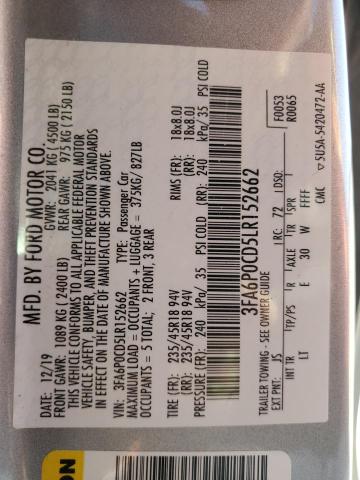 3FA6P0CD5LR152662 - 2020 FORD FUSION SEL SILVER photo 12