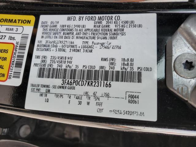 3FA6P0CD7KR231166 - 2019 FORD FUSION SEL BLACK photo 12