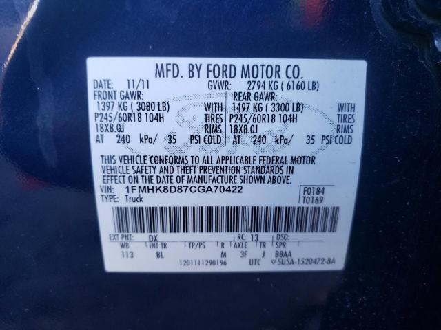 1FMHK8D87CGA70422 - 2012 FORD EXPLORER XLT BLUE photo 13