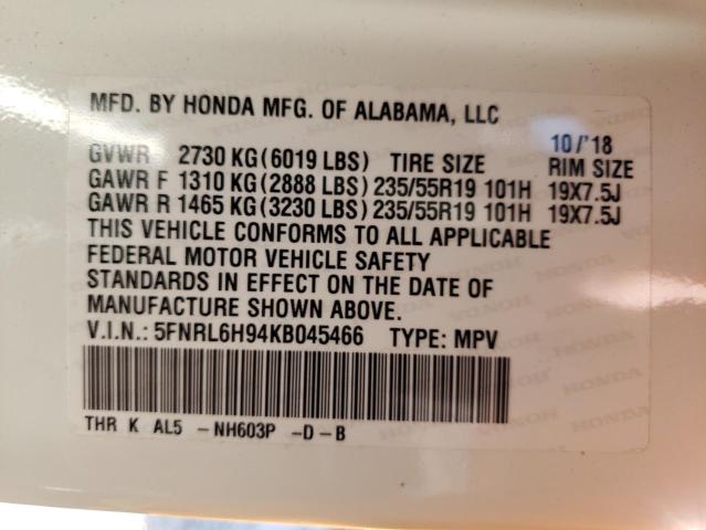 5FNRL6H94KB045466 - 2019 HONDA ODYSSEY ELITE WHITE photo 13