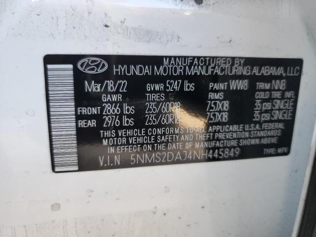 5NMS2DAJ4NH445849 - 2022 HYUNDAI SANTA FE SEL Սպիտակ լուսանկար 14