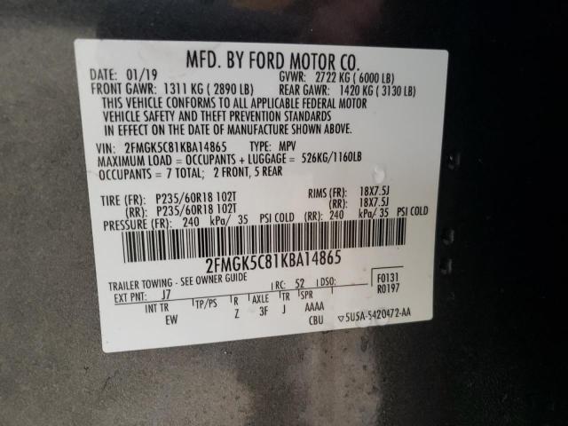 2FMGK5C81KBA14865 - 2019 FORD FLEX SEL GRAY photo 13