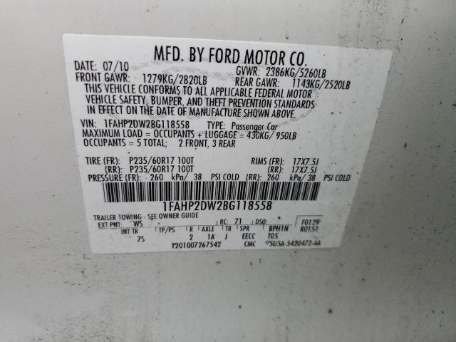 1FAHP2DW2BG118558 - 2011 FORD TAURUS SE WHITE photo 12