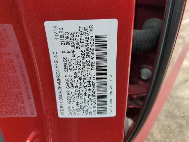 1HGCV1F42KA021896 - 2019 HONDA ACCORD EX RED photo 12