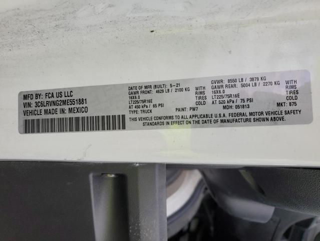 3C6LRVNG2ME551881 - 2021 RAM PROMASTER 1500 STANDARD WHITE photo 12