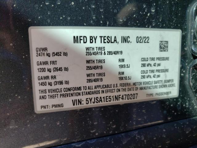 5YJSA1E51NF470207 - 2022 TESLA MODEL S GRAY photo 13