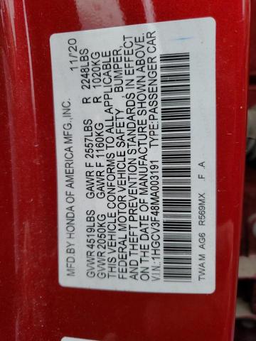 1HGCV3F48MA003191 - 2021 HONDA ACCORD HYBRID EX RED photo 12