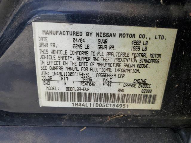 1N4AL11D05C154951 - 2005 NISSAN ALTIMA S BLUE photo 12