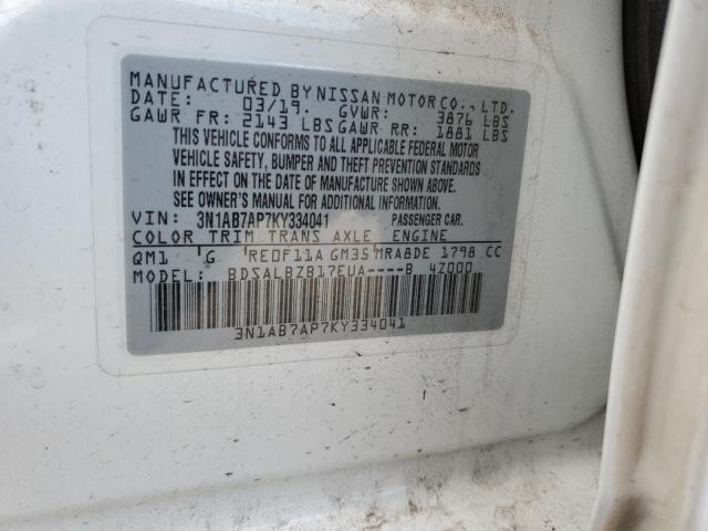 3N1AB7AP7KY334041 - 2019 NISSAN SENTRA S WHITE photo 13