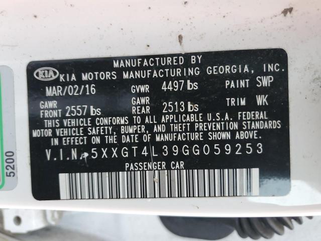 5XXGT4L39GG059253 - 2016 KIA OPTIMA LX WHITE photo 12