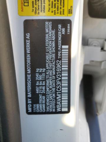 WBAVM1C53FV316962 - 2015 BMW X1 SDRIVE28I WHITE photo 13