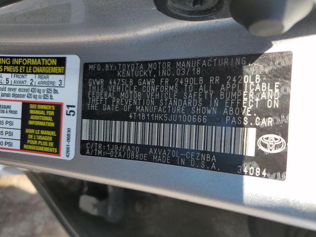 4T1B11HK5JU100666 - 2018 TOYOTA CAMRY L SILVER photo 12