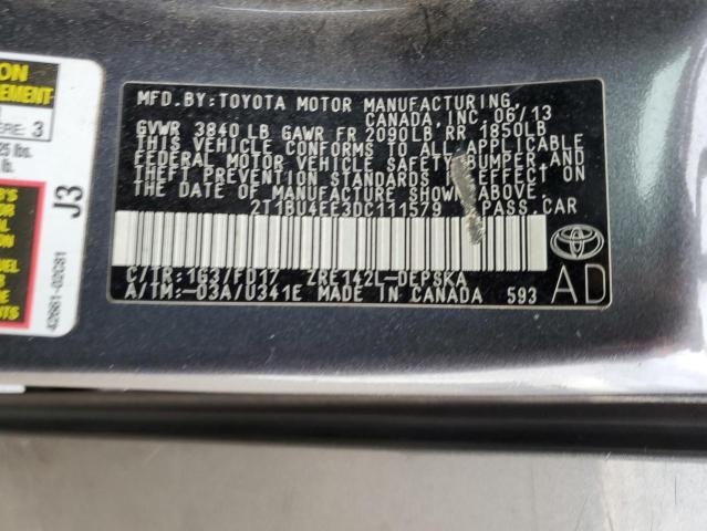 2T1BU4EE3DC111579 - 2013 TOYOTA COROLLA BASE CHARCOAL photo 12