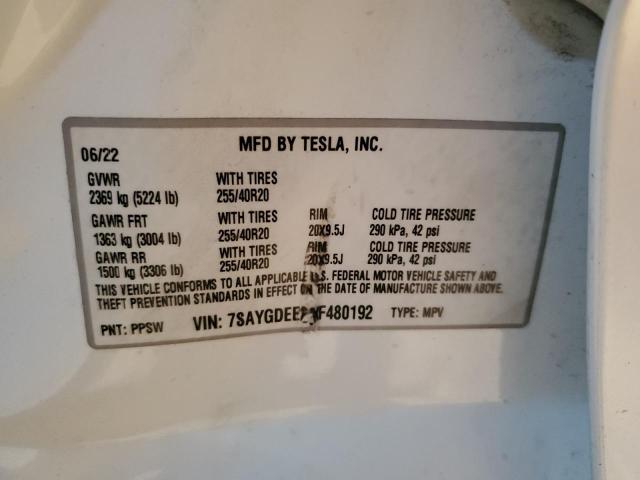 7SAYGDEE2NF480192 - 2022 TESLA MODEL Y WHITE photo 12