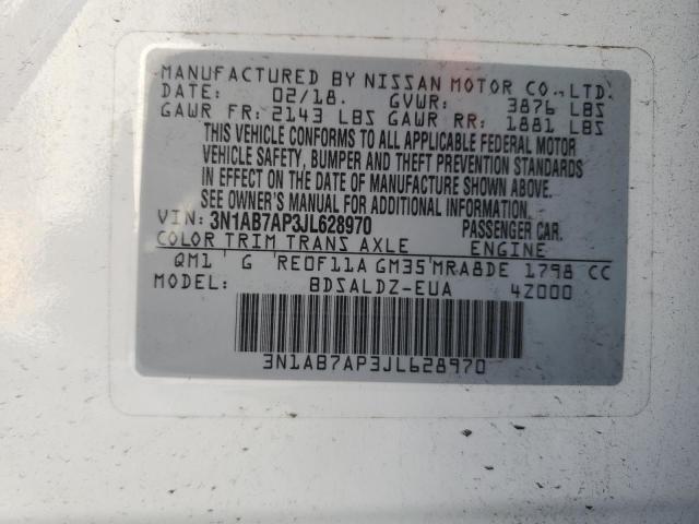 3N1AB7AP3JL628970 - 2018 NISSAN SENTRA S WHITE photo 12