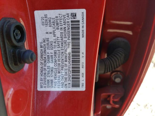 2HGFC2F81LH548648 - 2020 HONDA CIVIC SPORT 红色 照片 12