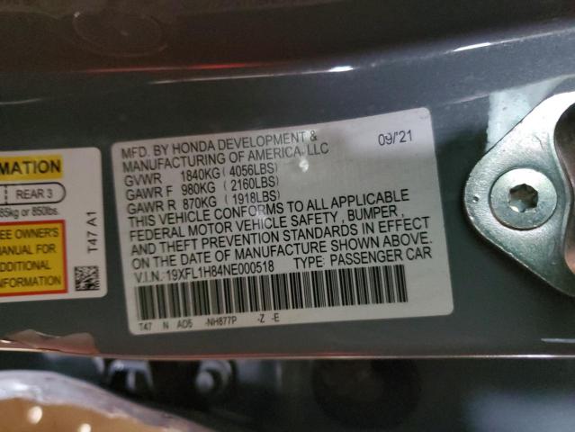 19XFL1H84NE000518 - 2022 HONDA CIVIC SPORT TOURING ნაცრისფერი ფოტო 12