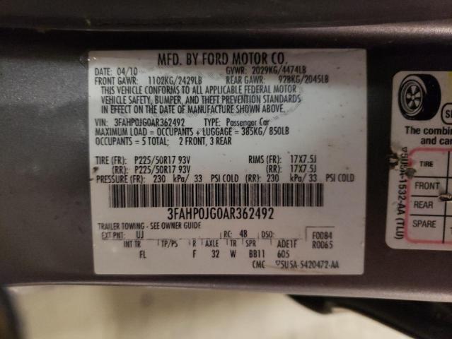 3FAHP0JG0AR362492 - 2010 FORD FUSION SEL GRAY photo 12