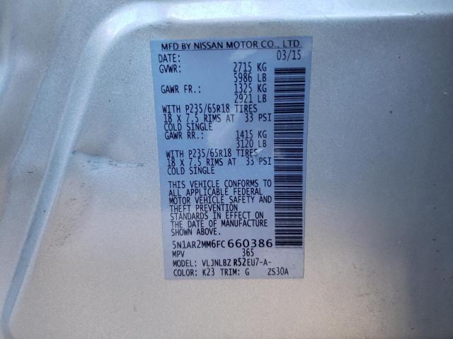 5N1AR2MM6FC660386 - 2015 NISSAN PATHFINDER S SILVER photo 12