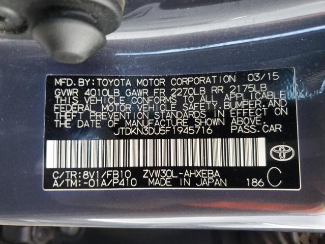 JTDKN3DU5F1945716 - 2015 TOYOTA PRIUS GRAY photo 13