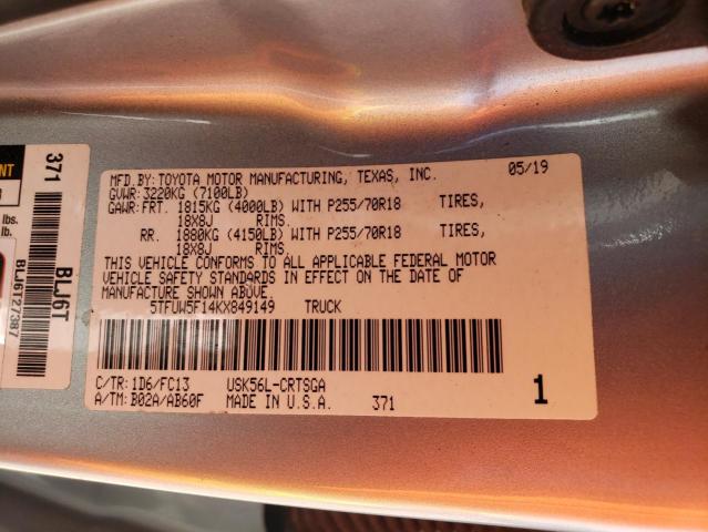 5TFUW5F14KX849149 - 2019 TOYOTA TUNDRA DOUBLE CAB SR/SR5 SILVER photo 12