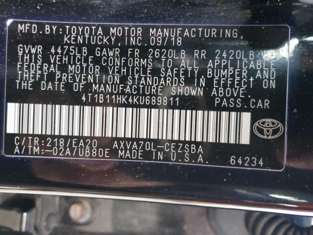 4T1B11HK4KU689811 - 2019 TOYOTA CAMRY L BLACK photo 12