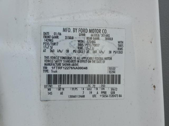 1FTRF12276NA99048 - 2006 FORD F150 WHITE photo 12