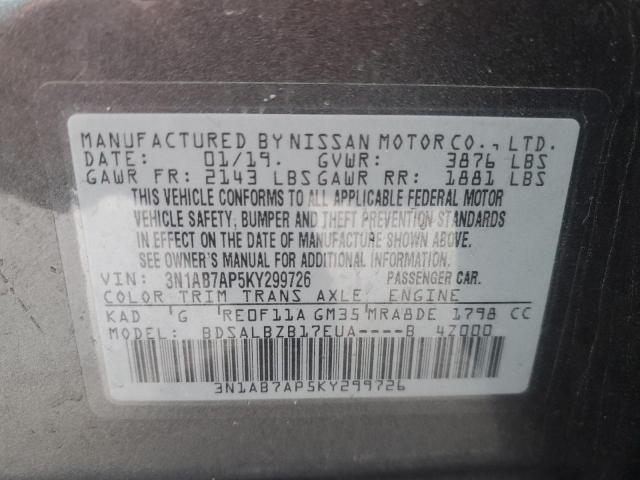 3N1AB7AP5KY299726 - 2019 NISSAN SENTRA S GRAY photo 12