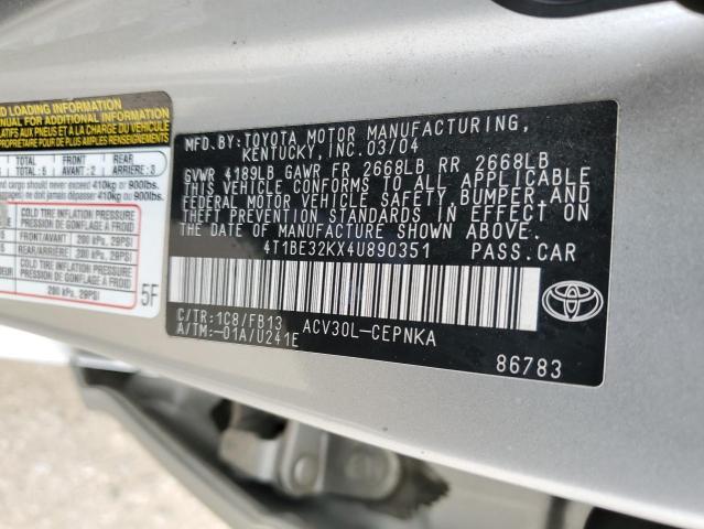 4T1BE32KX4U890351 - 2004 TOYOTA CAMRY LE SILVER photo 12