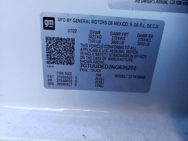 3GTUUDED2NG635202 - 2022 GMC SIERRA K1500 SLT WHITE photo 12