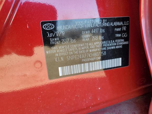 5NPE24AF7KH807258 - 2019 HYUNDAI SONATA SE RED photo 12