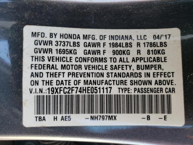 19XFC2F74HE051117 - 2017 HONDA CIVIC EX GRAY photo 12