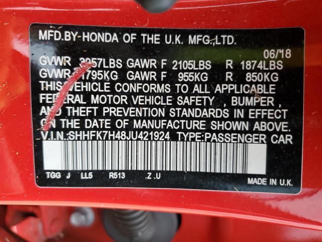 SHHFK7H48JU421924 - 2018 HONDA CIVIC SPORT 双色 照片 12