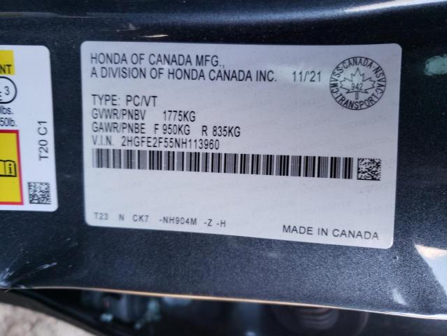 2HGFE2F55NH113960 - 2022 HONDA CIVIC SPORT 灰色 照片 12