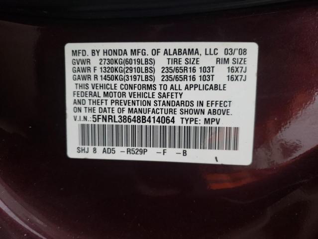 5FNRL38648B414064 - 2008 HONDA ODYSSEY EXL BURGUNDY photo 13