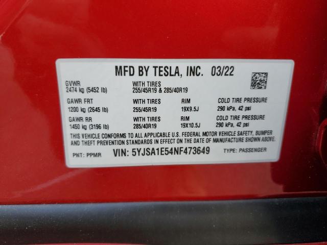 5YJSA1E54NF473649 - 2022 TESLA MODEL S Կարմիր լուսանկար 12